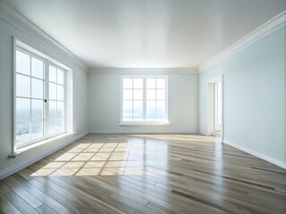 Obraz premium Empty Room 3D Render, White Wooden Floor, Panoramic View, Minimalist Interior Design, Blank Wall, Spacious Room, Virtual Staging