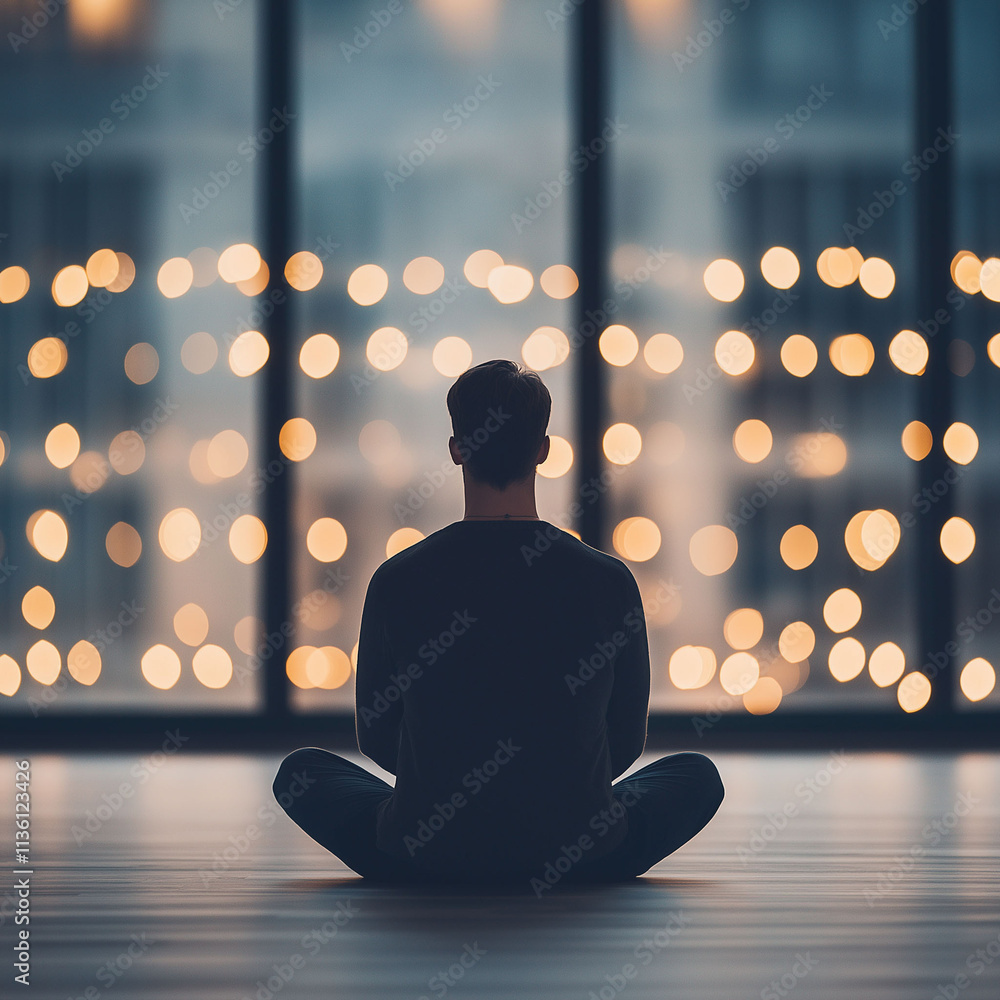 Poster burnout recovery stress recharge and relaxation. a person sits in meditation, facing a large window 