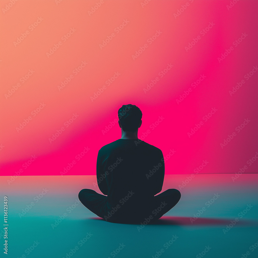 Poster burnout recovery stress recharge and relaxation. a person sits in a meditative pose against a vibran