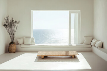 Minimalist coastal living room beachfront interior design bright environment natural light summer vibes for optimal relaxation