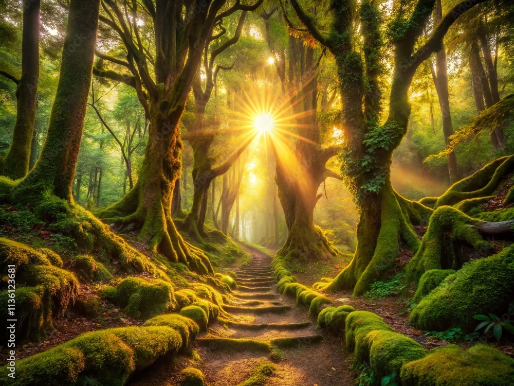 Poster enchanted morning in a mossy forest pathway with sunbeams filtering through ancient trees, creating 