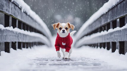 Charming chihuahua in a red sweater running through snowy pathway winter wonderland landscape