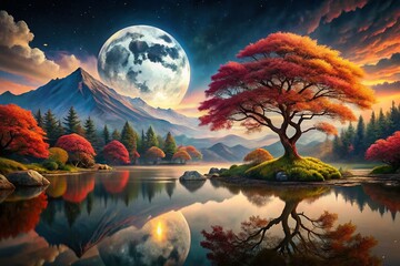 Enchanting Fantasy Mountain Lake Landscape with a Full Moon and Japanese Maple Tree in the Foreground, Capturing the Essence of Surreal Serenity and Natural Beauty