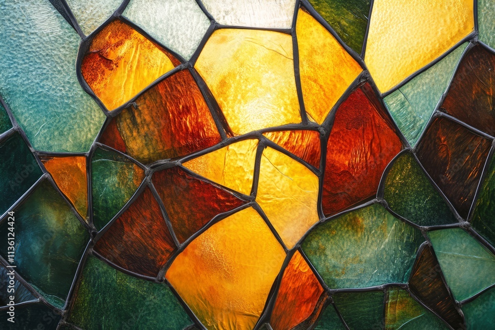 Poster vibrant stained glass texture with intricate patterns of light and color in warm hues