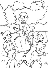 Religious and Kind Man Journey in Bible children Coloring page and Sheet Illustration