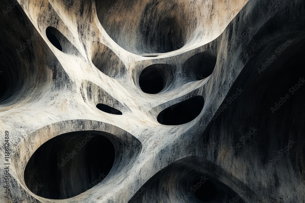 Poster Exploring the intricate texture of warped space showcasing organic forms and deep voids in a surreal environment