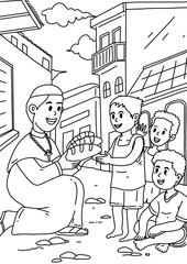 Religious and Kind Man Journey in Bible children Coloring page and Sheet Illustration