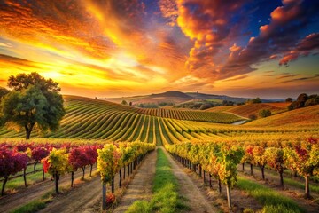 Fototapeta premium Enchanting Vineyard at Sunset: A Serene Escape into Nature's Beauty with Lush Grapevines and a Golden Horizon Perfect for Wine Lovers and Nature Enthusiasts