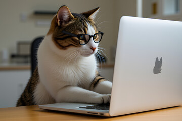 Fototapeta premium A Serious Cat with Glasses Working on a laptop