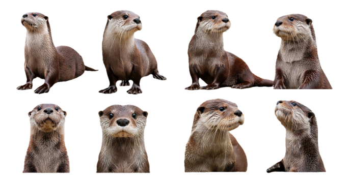 Otters in different standing and sitting positions isolated on transparent background