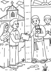 Religious and Kind Man Journey in Bible children Coloring page and Sheet Illustration