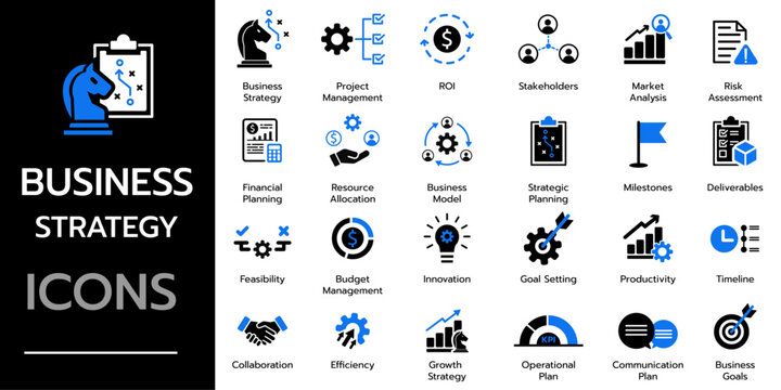 Business Strategy icon collection. Containing business, planning, strategy, strategic plan, budget, analysis, statistics concept. Solid vector icons collection.