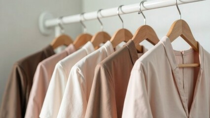 row of wooden hangers with neatly hung clothes in white, beige and brown. Basic wardrobe in a trendy color, organizing the space. Rack in a clothing store