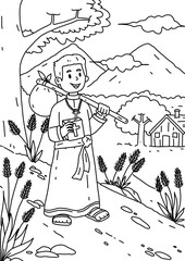 Religious and Kind Man Journey in Bible children Coloring page and Sheet Illustration