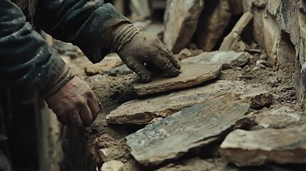 Dirty hands carefully placing flat stones in earth.