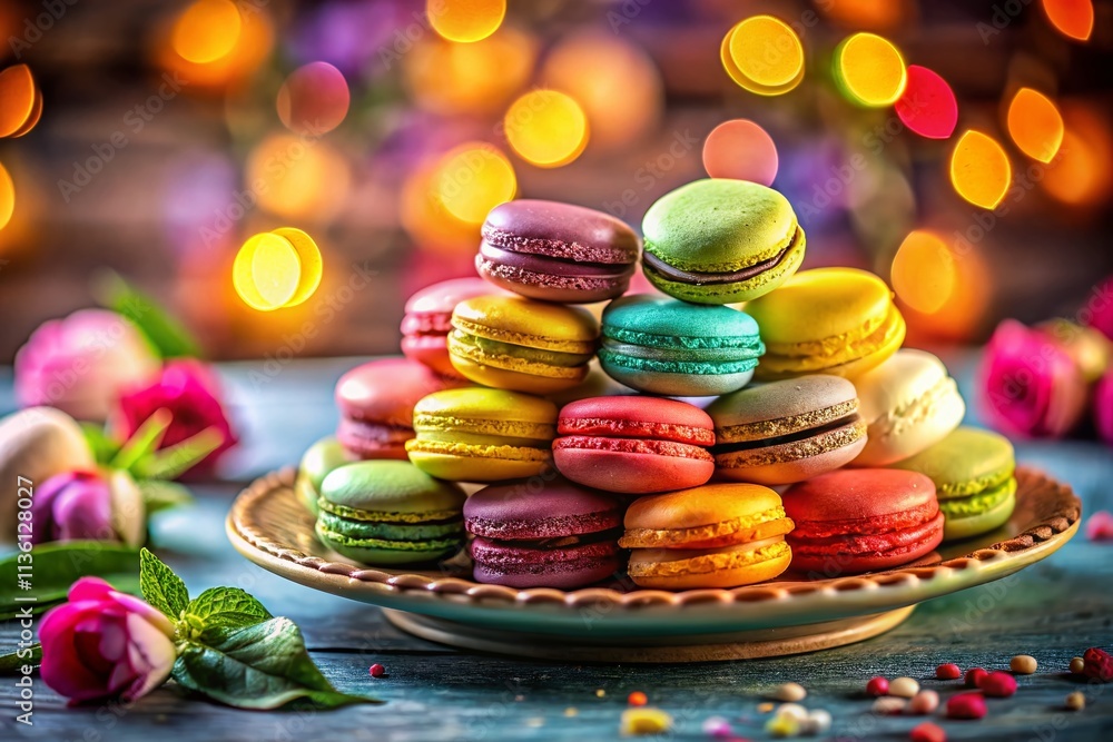Poster exquisite panoramic view of colorful macarons arranged on a decorative plate with a soft focus backg
