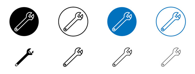 Adjustable wrench icon set in black and blue colors