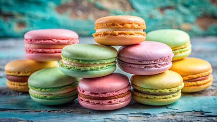 Fototapeta premium Colorful macaroons on old turquoise stone background