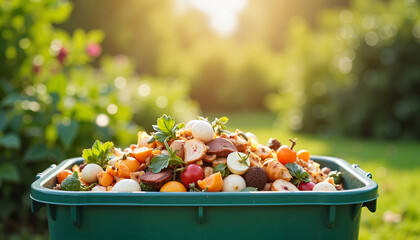 Fresh organic compost in green bin with garden background

