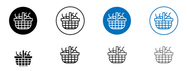 Fruit basket icon set in black and blue colors