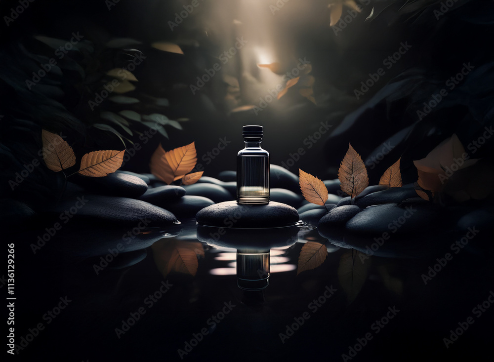 Poster a mystical glass bottle filled with golden liquid rests on smooth, dark stones beside a tranquil str