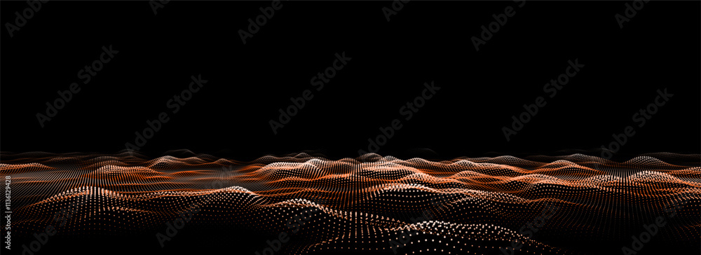 Poster vector digital technology wave. dark cyberspace with colors motion dots and lines. futuristic digita