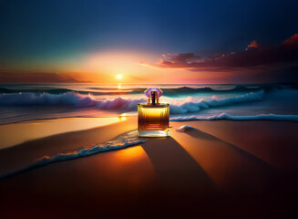 A perfume bottle sits on a sandy beach at sunset, waves gently lapping around it. The warm light casts a glow on the scene, creating a serene and captivating image.