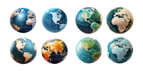 Colorful World Map Globes Collection, PNG collection, set bundle, isolate on transparent or white background