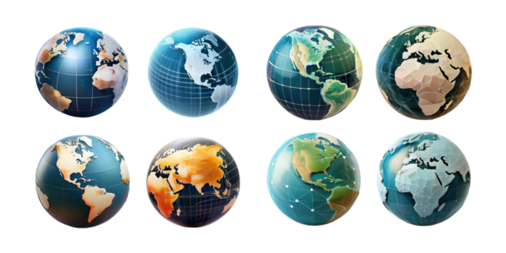 Colorful World Map Globes Collection, PNG collection, set bundle, isolate on transparent or white background