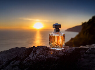 Obraz premium A perfume bottle sits on a rocky outcrop overlooking a stunning sunset over the ocean. The warm light bathes the bottle in a golden glow.