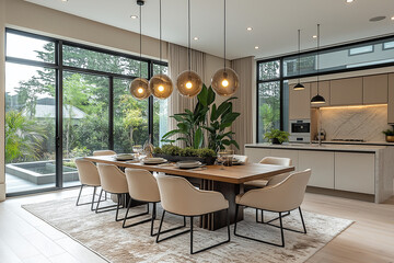 Fototapeta premium Photographie intérieure d'une salle à manger élégante et spacieuse avec une grande table en bois pour les repas en famille