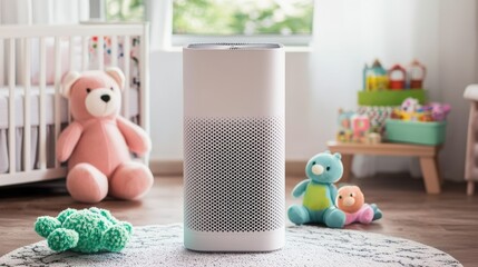 Air purifiers filter and improvement, A modern air purifier stands in a children's room surrounded by plush toys, enhancing the space's cleanliness and comfort.