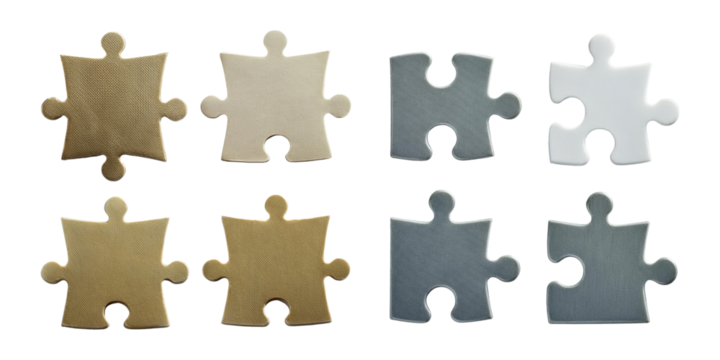 Metallic Puzzle Pieces on Black Background, PNG collection, set bundle, isolate on transparent or white background