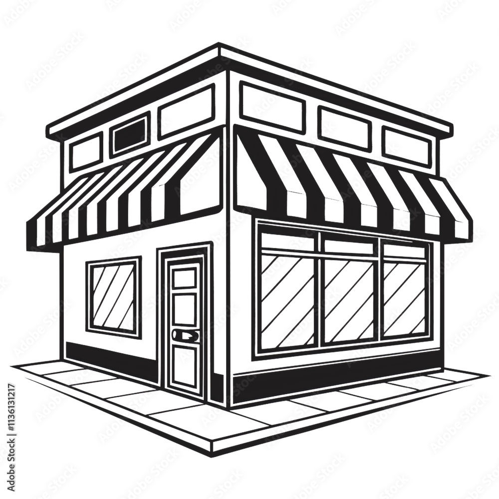 Poster a modern streamlined store outlined sharply. the angular edges and symmetrical awning evoke contempo