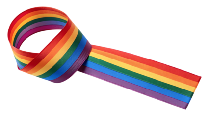 A looped and crossed arrangement of a rainbow-striped ribbon, emphasizing inclusivity and diversity with its bold, colorful stripes, isolated on a transparent background