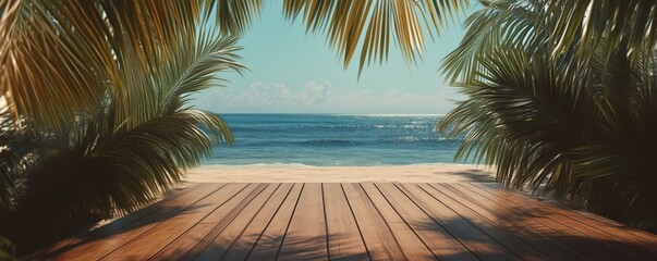 Tropical beach view from a wooden deck