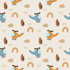 Helicopter yellow and blue cartoon so cute. On rainbow tree cloud background. Pattern seamless vector illustration. 
