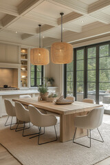 Fototapeta premium Photographie intérieure d'une salle à manger élégante et spacieuse avec une grande table en bois pour les repas en famille
