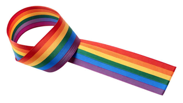 A looped and crossed arrangement of a rainbow-striped ribbon, emphasizing inclusivity and diversity with its bold, colorful stripes, isolated on a transparent background