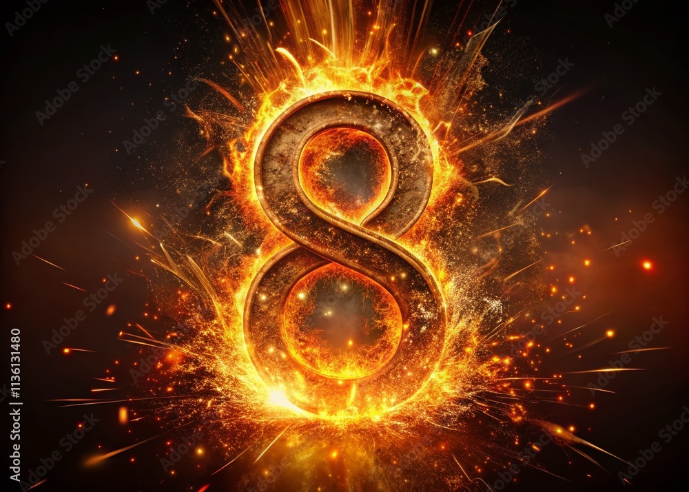 Poster fiery number 8 with sparks and fire explosion in a long exposure scene for dynamic visual impact and