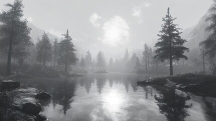 Fototapeta premium Serene Monochrome Lake in Misty Mountain Forest