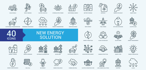 New energy solution icon collection set with solar panels, wind turbines, electric vehicles, hydroelectric power, geothermal energy