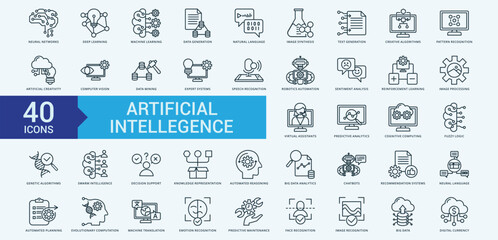 Artificial intellegence icon collection set with neural networks, deep learning, machine learning, data generation, natural language