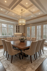 Photographie int&eacute;rieure d'une salle &agrave; manger &eacute;l&eacute;gante et spacieuse avec une grande table en bois pour les repas en famille