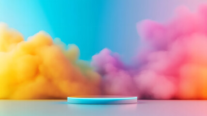 Dynamic podium scene amidst colorful smoke studio setup visual art creative environment artistic perspective