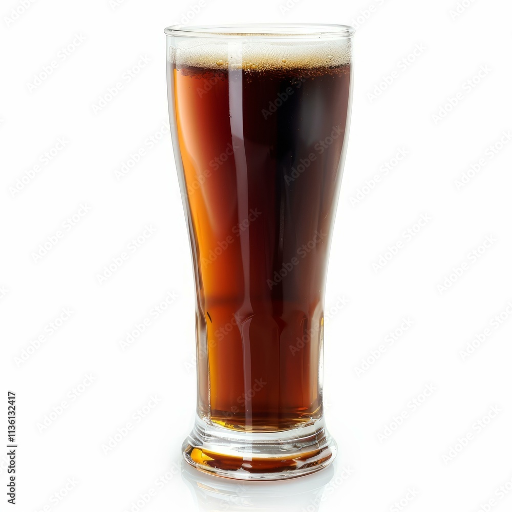 Poster refreshing dark beer in a tall glass, creating a visually appealing image against a clean white back