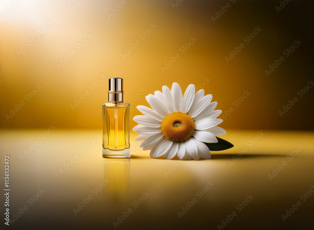Poster a single chamomile flower rests beside a small, rectangular bottle of perfume on a reflective, golde