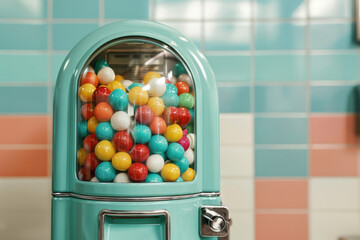 A vintage turquoise bubblegum vending machine filled with colorful gumballs, set against a retro...