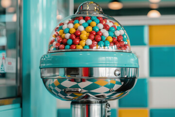 A close-up of a modern gumball machine with a sleek glass dome, filled with vibrant and colorful gumballs, set in a bright and cheerful retro-styled room.
