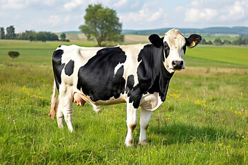 Holstein Friesian cow standing in a green pasture under a clear blue sky in the countryside